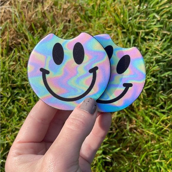 Rainbow Holographic Smiley Face Car Coaster Set | Car Access - Picture 6 of 12